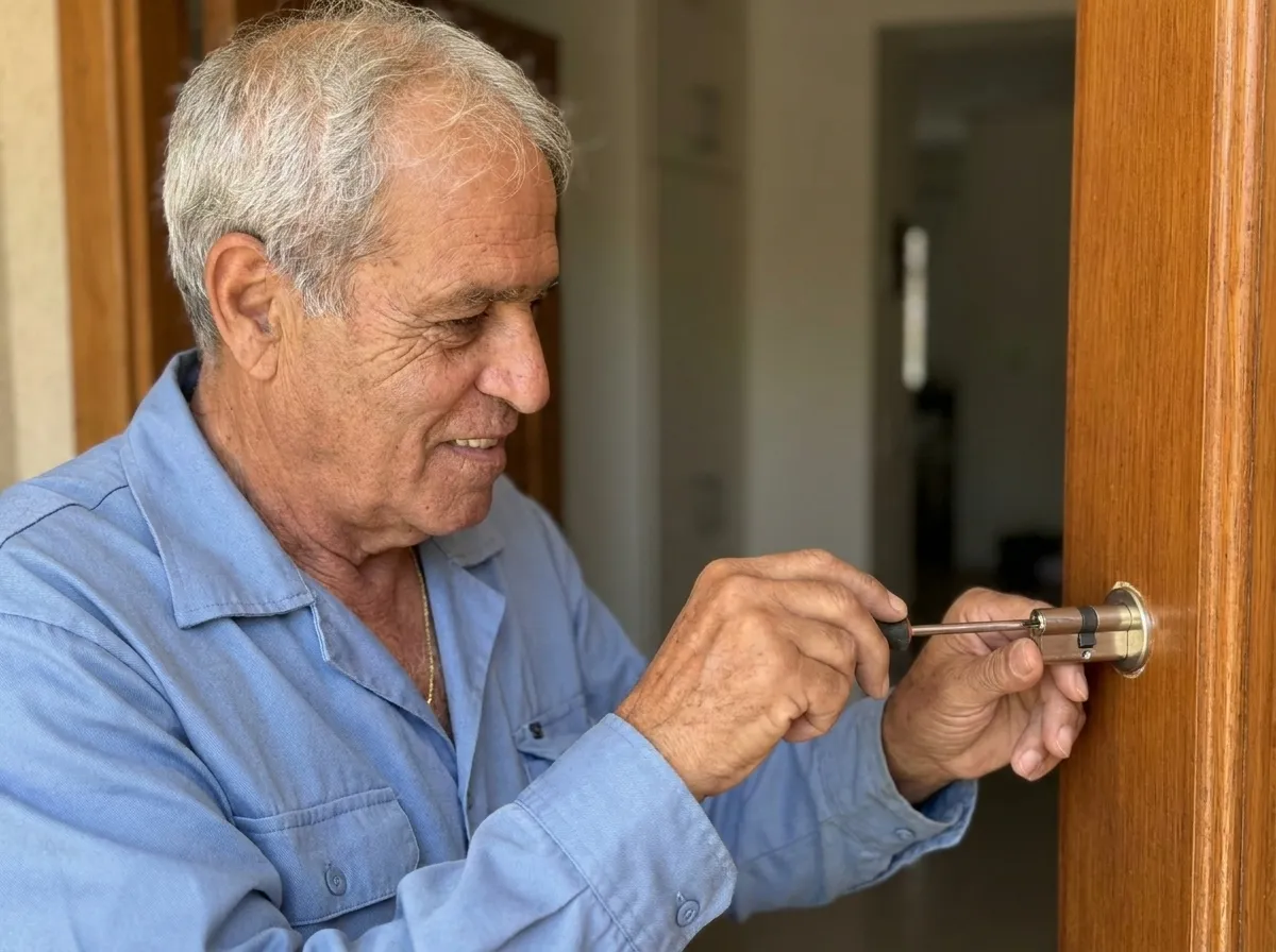 שמריה סגרון מחליף צילינדר בדלת עץ
