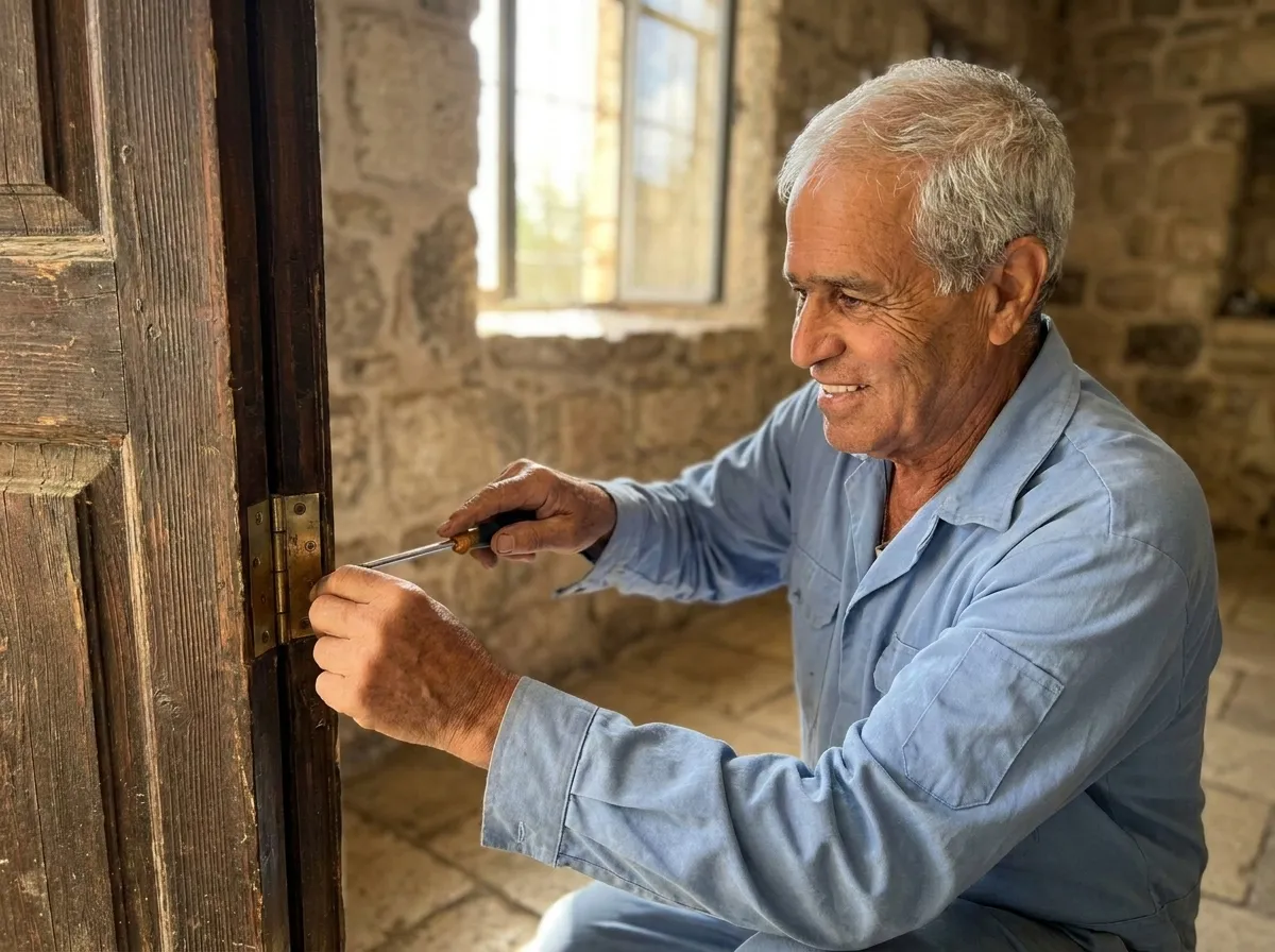 שמריה מכוון צירים בדלת עץ ותיקה בבית אבן גלילי