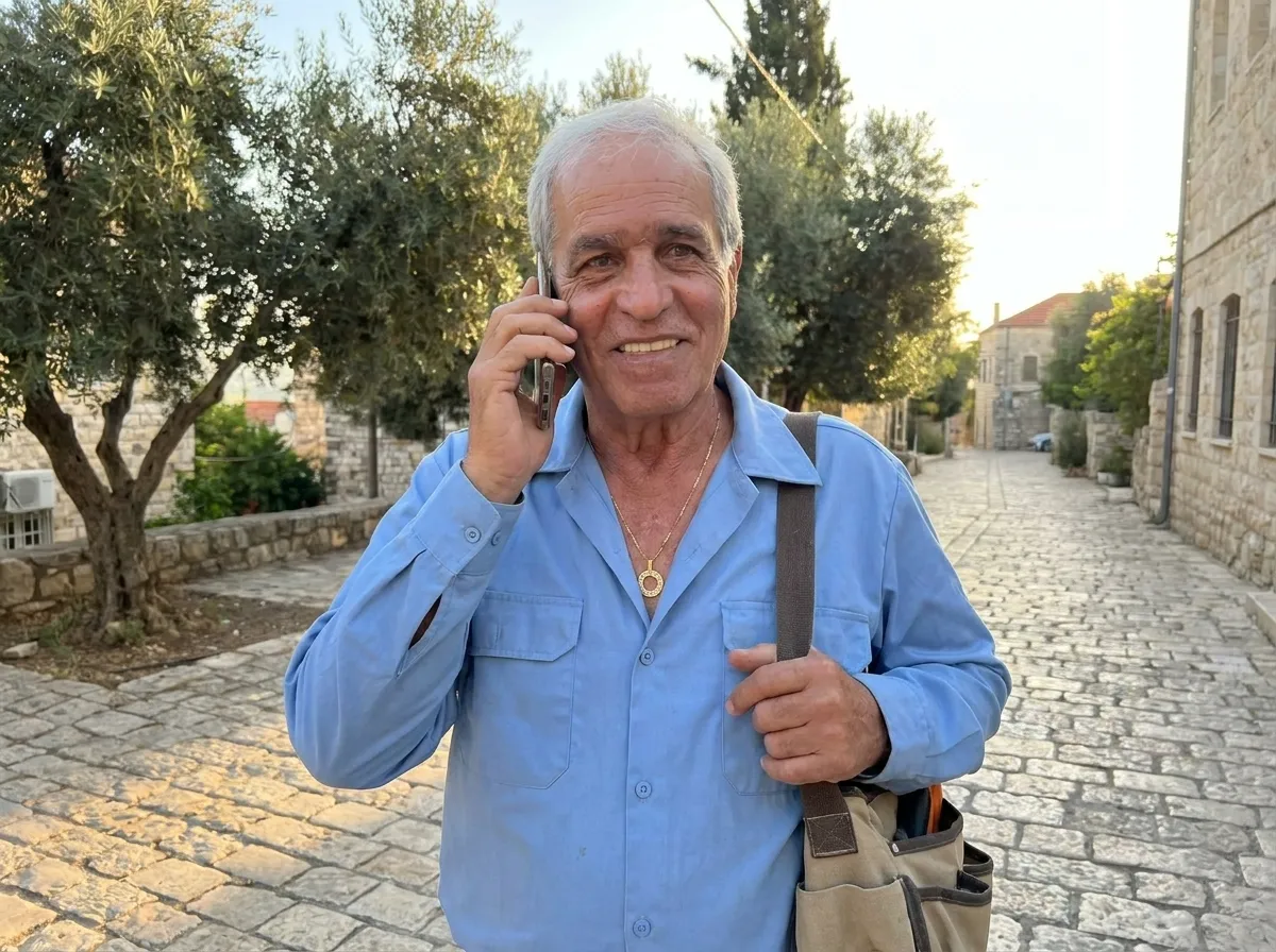שמריה סגרון עונה לשיחת לקוח, תיק הכלים על הכתף