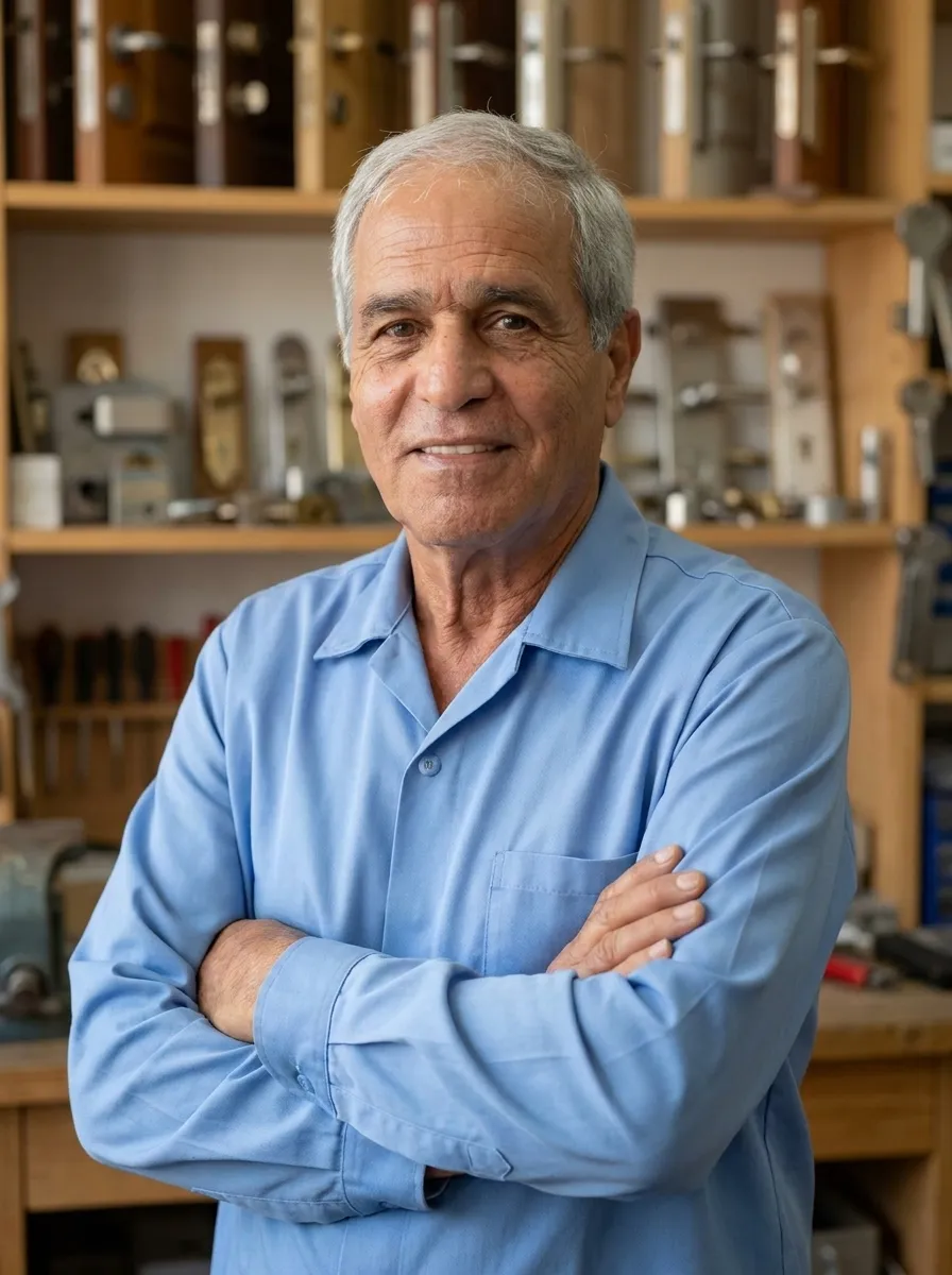 שמריה סגרון, מנעולן ותיק מראש פינה, בסדנה עם ידיים שלובות